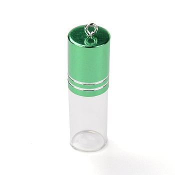 Transparent Glass Perfume Bottle Pendant, with Brass Screw Cap Bottle, Green, 53x15.5mm, Hole: 2mm, Capacity: 3ml(0.10fl. oz)