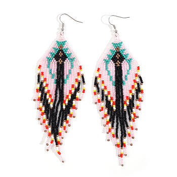 Glass Seed Beads Tassel Dangle Earrings, Pink, 135x45mm