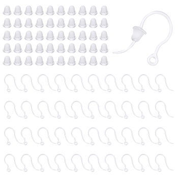 100Pcs Transparent Resin Earring Hooks, with Horizontal Loops and 200Pcs Plastic Ear Nuts, Clear, 17x12x1mm, Hole: 1.2mm, 21 Gauge, Pin: 0.7mm