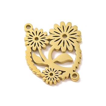 304 Stainless Steel Hollow Connector Charms, Laser Cut, Flower, Real 18K Gold Plated, 17.5x20.5x1mm, Hole: 1.2mm