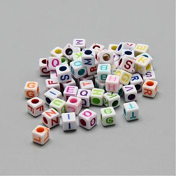 Opaque Acrylic Beads, Horizontal Hole, Cube with Letters, Mixed Color, 6.5~7x6.5~7x6.5~7mm, Hole: 3.5mm, about 2000pcs/500g