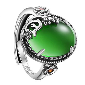 SHEGRACE 925 Sterling Silver Adjustable Rings, with Grade AAA Cubic Zirconia, Oval with Flower, Antique Silver, Green, US Size 9, Inner Diameter: 19mm