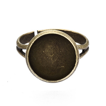 Adjustable Brass Ring Components, Pad Ring Findings, with Flat Round Cabochon Bezel Settings, Antique Bronze, Tray: 12mm, 17mm