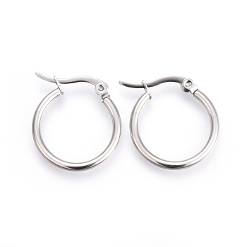 201 Stainless Steel Hoop Earrings, with 304 Stainless Steel Pin, Hypoallergenic Earrings, Ring Shape, Stainless Steel Color, 21x19x2mm, 12 Gauge, Pin: 1mm
