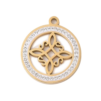 Preserved Fresh Flower 304 Stainless Steel Rhinestone Pendants, Flat Round, Real 18K Gold Plated, 25x21x2mm, Hole: 2mm