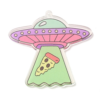 Printed Acrylic Pendants, Spaceship with Pizza Charms, Pink, 44.5x46.5x2.5mm, Hole: 1.5mm