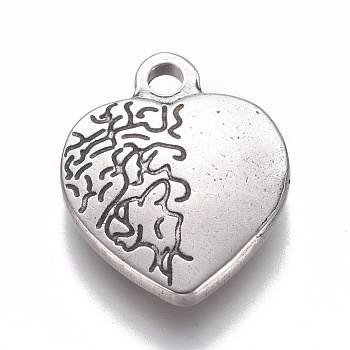 304 Stainless Steel Textured Pendants, Heart with Vascular Pattern, Antique Silver, 20x16.5x3.5mm, Hole: 2.2mm