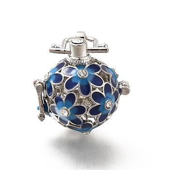 Alloy Crystal Rhinestone Bead Cage Pendants, Hollow Flower Charm, with Enamel, for Chime Ball Pendant Necklaces Making, Platinum, Prussian Blue, 34mm, Hole: 6x3mm, Bead Cage: 26x25x21mm, 18mm Inner Size