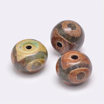 Tibetan Style 3-Eye dZi Beads, Natural Agate Beads, Dyed & Heated, Rondelle, Olive Drab, 14~15x10~12mm, Hole: 2.5~3mm