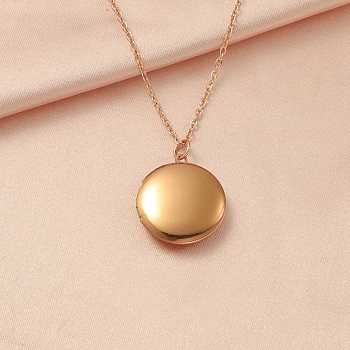Photo Locket Necklace, Stainless Steel Flat Round Pendant Necklace, Rose Gold, 17.72 inch(45cm)