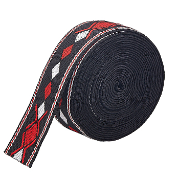 5 Yards Polyester Ribbon, Jacquard Rhombus Ribbon, Tyrolean Ribbon, Flat, Black, 1-1/2 inch(38mm)