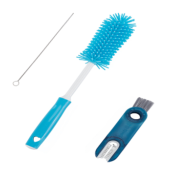 3Pcs 3 Styles DIY Cleaning Tools Kits, including Plastic Cup Lid Gap Cleaning Brush, Silcone Baby Bottle Brushes, Steel Baby Bottle Brushes, Blue, 134.5~300x5~50x5~20.5mm, 1pc/style