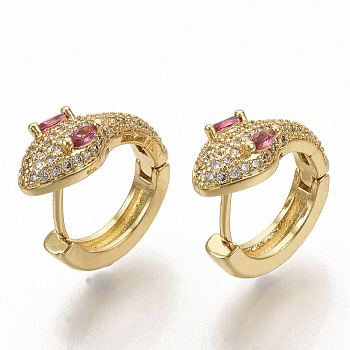 Brass Micro Pave Cubic Zirconia Huggie Hoop Earrings, Snake, Real 16K Gold Plated, Hot Pink, 20x20x7.5mm, Pin: 0.7x1.2mm