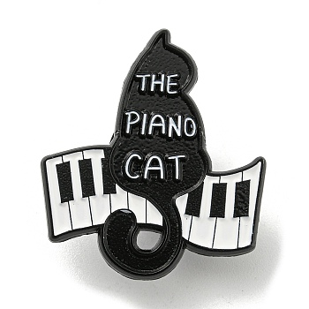 Music Theme Cartoon Black Cat Enamel Pins, Black Alloy Badge for Women Men, Piano, 28.8x25.4x1.4mm