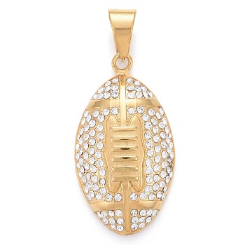 304 Stainless Steel Pendants, Sports Charms, with Crystal Rhinestone, Rugby Ball, Golden, 44.5x24.5x9mm, Hole: 8x11mm