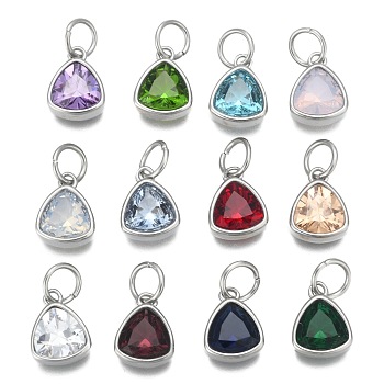 304 Stainless Steel Cubic Zirconia Pendant, Triangle, Stainless Steel Color, Mixed Color, 12.2x9.5x5mm, Hole: 5mm