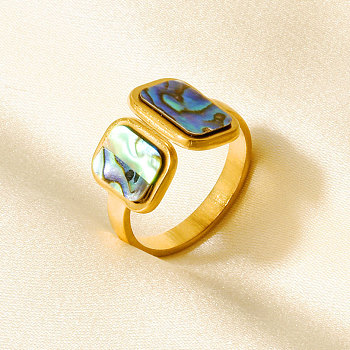 304 Stainless Steel with Natural Shell Cuff Open Rings for Women, Rectangle, Real 18K Gold Plated, 13mm, Inner Diameter: 17mm