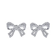 Rhodium Plated 925 Sterling Silver Micro Pave Cubic Zirconia Bowknot Stud Earrings for Woman, Real Platinum Plated, 10.5x13.5mm(EJEW-P231-72P)