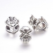 Alloy European Beads, Large Hole Beads, Mixed Shape, Antique Silver, 11~13.5x9~15.5x6~7.5mm, Hole: 4.5mm(X-MPDL-J040-AS)