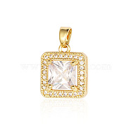 Brass Micro Pave Clear Cubic Zirconia Pendants, Square Charms, Real 18K Gold Plated, 16x14x7mm(ZIRC-OY001-09G)