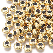 Brass Beads, with Rubber Inside, Slider Beads, Stopper Beads, Nickel Free, Rondelle, Real 18K Gold Plated, 8x4mm, Hole: 4mm, Rubber Hole: 1.8mm(KK-T063-005B-NF)