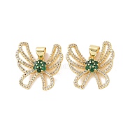 Brass Micro Pave Cubic Zirconia Pendants, Real 18K Gold Plated, Hollow Butterfly with Flower Charm, Green, 20.5x20.5x4.5mm, Hole: 4x3.5mm(ZIRC-I063-43G-03)