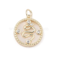 Brass Micro Pave Clear Cubic Zirconia Pendants, with Natural White Shell and Jump Ring, Flat Round with Snake, Real 18K Gold Plated, 18.5x16x3mm, Hole: 3.2mm(KK-A207-05G)