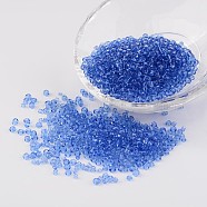 8/0 Glass Seed Beads, Transparent, Round, Light Blue, 3mm, Hole: 1mm, about 1097pcs/50g(X-SEED-A004-3mm-6)