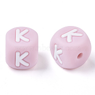 Food Grade Eco-Friendly Silicone Beads, Horizontal Hole, Chewing Beads For Teethers, DIY Nursing Necklaces Making, Letter Style, Cube, Pink, Letter.K, 10x10x10mm, Hole: 2mm(X-SIL-R011-10mm-04K)