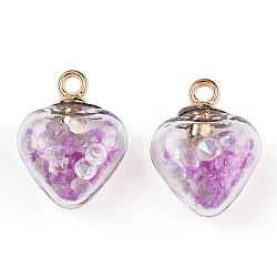 Glow in the Dark Luminous Glass Pendants, with Golden Plastic Pendant Bails and Resin Rhinestone Inside, Heart Charms, Orchid, 20x15x9mm, Hole: 2mm(GLAA-YWC0001-01A)