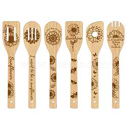 6Pcs Bamboo Spoons & Knifes & Forks, Flatware for Dessert, Sunflower Pattern, 60x300mm, 6 style, 1pc/style, 6pcs/set(AJEW-WH0411-001)