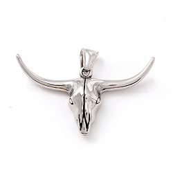Tibetan Style 304 Stainless Steel Pendants, Cow Skull, Antique Silver, 28x52x8.5mm, Hole: 8x4mm(STAS-P305-41AS)
