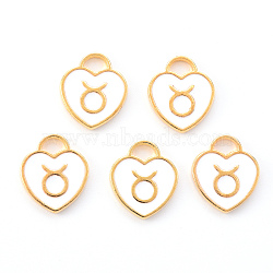 Light Gold Plated Alloy Enamel Pendants, Constellations, White Heart, Taurus, 14x12x1.8mm, Hole: 4mm(ENAM-R136-30-01)