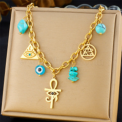 304 Stainless Steel & Synthetic Turquoise & Glass Pendant Bib Necklaces for Women, Golden, Eye of Ra, 16.14 inch(41cm), Pendant: 23x12mm(FS-WG17725-06)