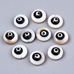 Natural Freshwater Shell Beads, with Enamel, Flat Round with Evil Eye, Black, 9x4.5mm, Hole: 0.8mm(SHEL-T018-10G)