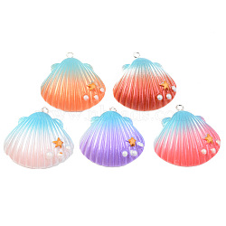 Opaque Resin Pendants, with Platinum Tone Iron Loop, Two Tone, Shell with Star, Mixed Color, 33.5~34.5x31.5~32.5x8.5mm, Hole: 2mm(RESI-S356-059B)