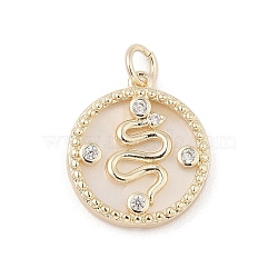 Brass Micro Pave Clear Cubic Zirconia Pendants, with Natural White Shell and Jump Ring, Flat Round with Snake, Real 18K Gold Plated, 18.5x16x3mm, Hole: 3.2mm(KK-A207-05G)