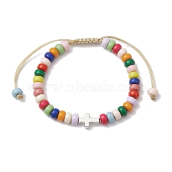 Colorful Rondelle Acrylic Braided Bead Bracelets, Cross CCB Plastic Adjustable Bracelets for Women, Platinum, Inner Diameter: 2~3-1/2 inch(5~9cm)(BJEW-JB10339-02)