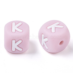 Food Grade Eco-Friendly Silicone Beads, Horizontal Hole, Chewing Beads For Teethers, DIY Nursing Necklaces Making, Letter Style, Cube, Pink, Letter.K, 10x10x10mm, Hole: 2mm(X-SIL-R011-10mm-04K)