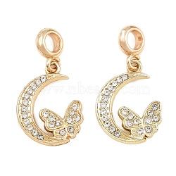 Alloy Crystal Rhinestone European Dangle Charms, Moon with Butterfly Large Hole Pendants, Rack Plating, Long-Lasting Plated, Golden, 32.5mm, Hole: 4.5mm(AL-CBAC2D3-10G)