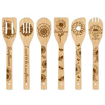 6Pcs Bamboo Spoons & Knifes & Forks, Flatware for Dessert, Sunflower Pattern, 60x300mm, 6 style, 1pc/style, 6pcs/set