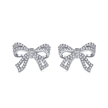 Rhodium Plated 925 Sterling Silver Micro Pave Cubic Zirconia Bowknot Stud Earrings for Woman, Real Platinum Plated, 10.5x13.5mm