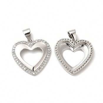 Brass Micro Pave Cubic Zirconia Pendants, Cadmium Free & Lead Free, Hollow Heart Charm, Real Platinum Plated, 18x17.5x2.5mm, Hole: 3.5x4mm