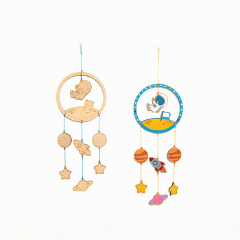 DIY Spaceman Wind Chime Making Kits, Including 1Pc Wood Plates, 1 Card Cotton Thread and 1Pc Plastic Knitting Needles, for Children Painting Craft, Mixed Color, Thread & Needle: Random Color