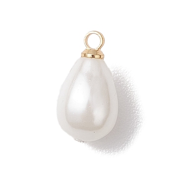 Shell Pearl Teardrop Charms, with Brass Bails, Golden, White, 13.5x7.5mm, Hole: 1.6mm