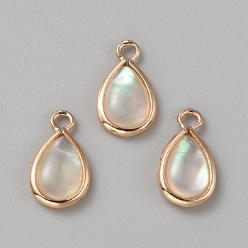 Natural White Shell Teardrop Charms with Enamel, Light Gold, 15x8.5x2.5mm, Hole: 1.8mm