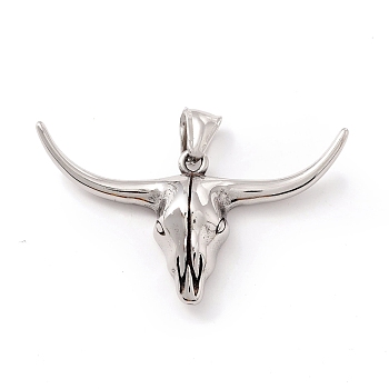 Tibetan Style 304 Stainless Steel Pendants, Cow Skull, Antique Silver, 28x52x8.5mm, Hole: 8x4mm
