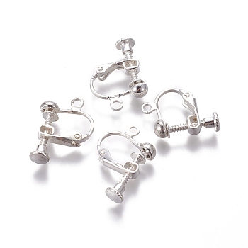 Rack Plated Brass Screw Clip-on Earring Findings, Spiral Ear Clip, Silver Color Plated, 13x17x4.5mm, Hole: 1.6mm