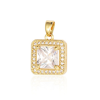 Brass Micro Pave Clear Cubic Zirconia Pendants, Square Charms, Real 18K Gold Plated, 16x14x7mm