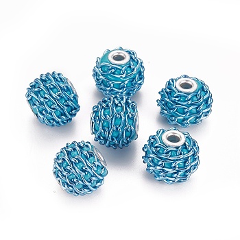 Handmade Indonesia Beads, with Aluminium Chains, Round, Silver Color Plated, Deep Sky Blue, 16.5~18x14~15mm, Hole: 3~3.5mm